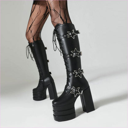 High Heel Star Design Locking Buckle Lace-up Knee Boots