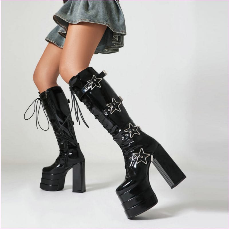 High Heel Star Design Locking Buckle Lace-up Knee Boots
