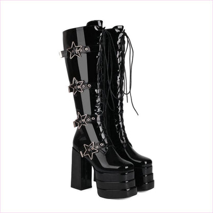 High Heel Star Design Locking Buckle Lace-up Knee Boots