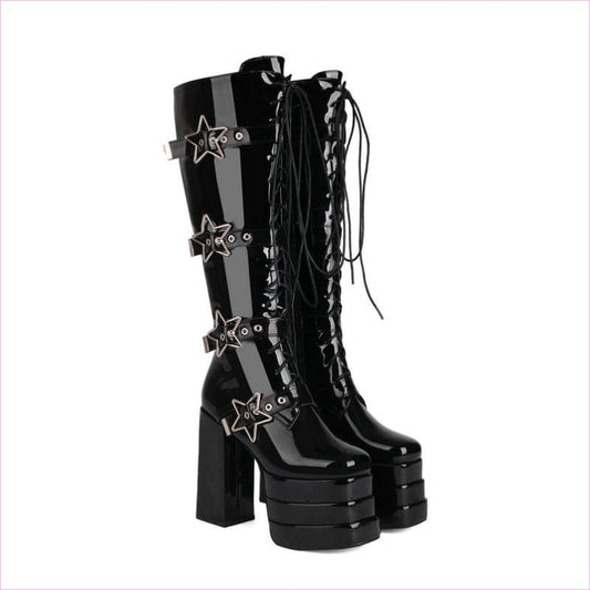 High Heel Star Design Locking Buckle Lace-up Knee Boots