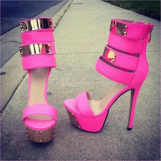 Hot Pink Studded Platform Heel Sandals with Metallic Accents - Pleasures and Sins