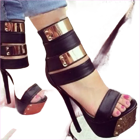 Hot Pink Studded Platform Heel Sandals with Metallic Accents - Pleasures and Sins