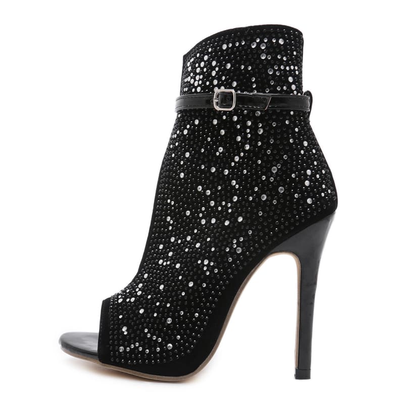 Ladies Black Peep-Toe Rhinestone High Heel Shoes