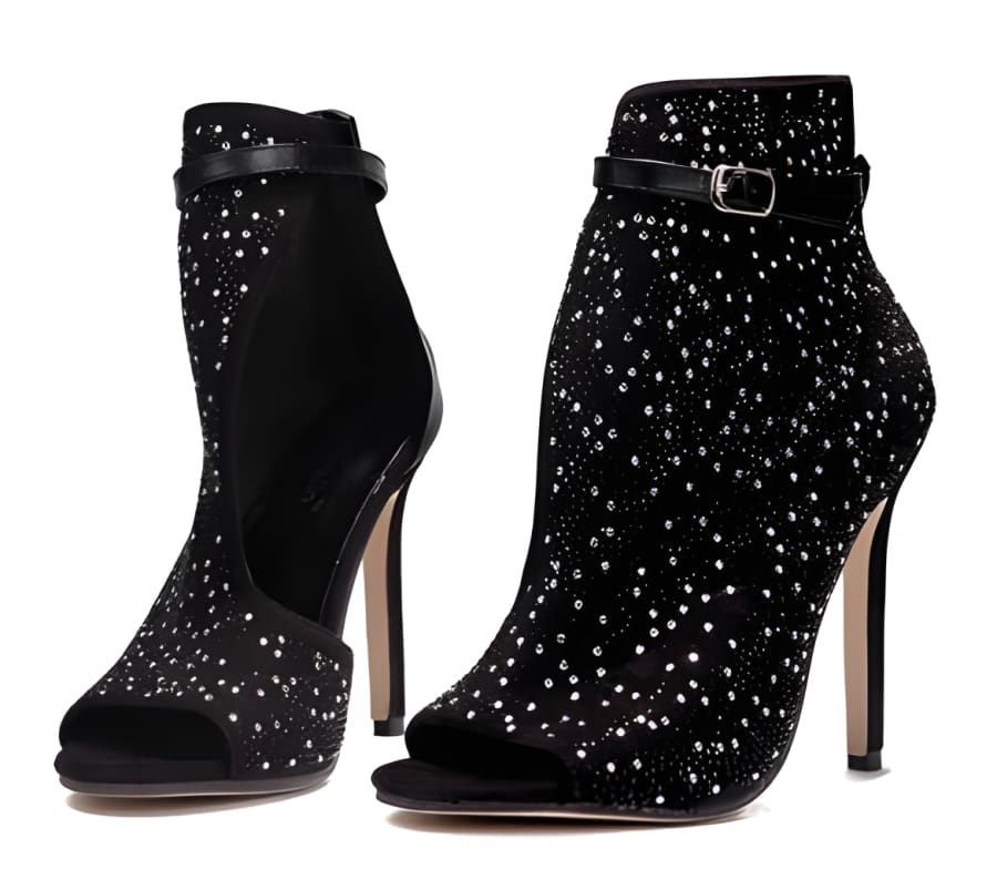 Ladies Black Peep-Toe Rhinestone High Heel Shoes