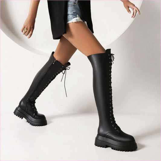 Ladies Knee High Punk Lace-up Round Toe Steampunk Boots
