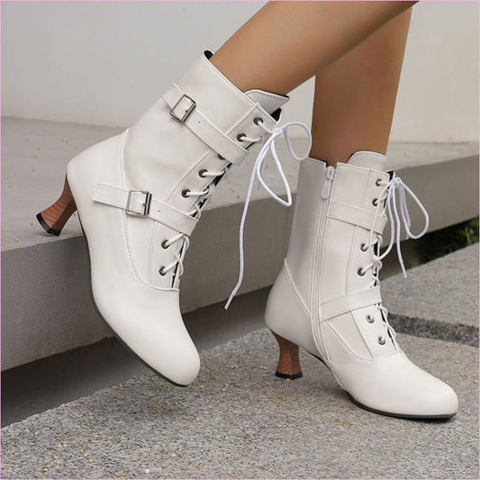 Ladies Mid Heel Lace-up Multi Buckle Ankle Boots