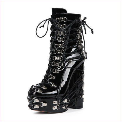 Ladies Multi Buckle Studded Patent Platform Punk Boots