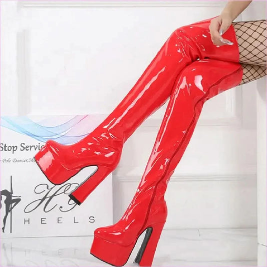 Ladies Patent Thigh Boots with 15cm Heel Drag Boots - Pleasures and Sins