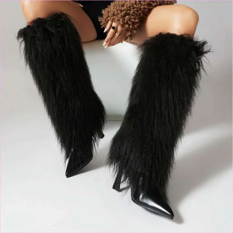 Lady Faux Fur Covered High Heel Pointed Toe Boots for Style and Elegance - Pleasures and Sins