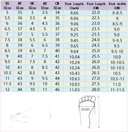 Shoe size conversion chart with foot measurements.