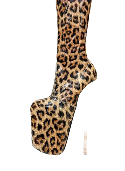 Extremely high platform stiletto boot with leopard print pattern.