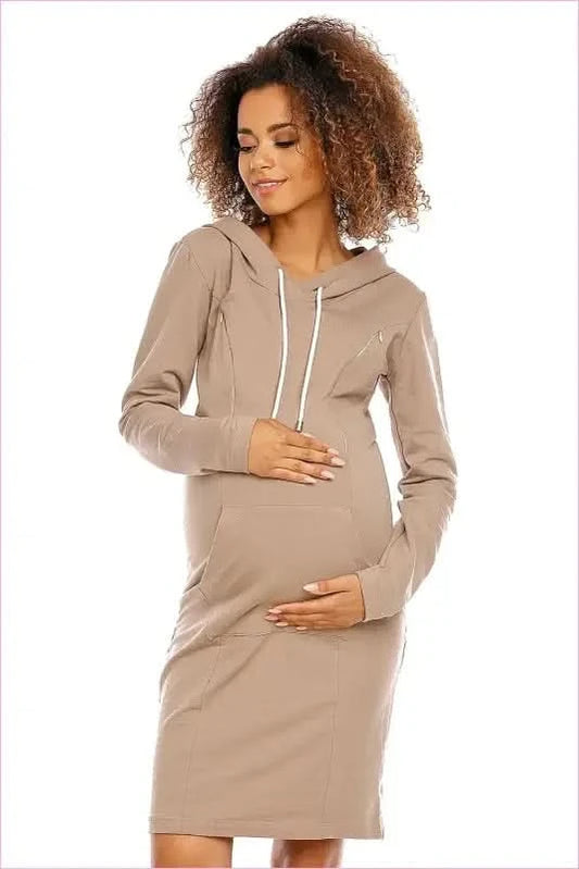 Maternity Breastfeeding Hoodie Dress Unique Style Fashion PeeKaBoo beige s