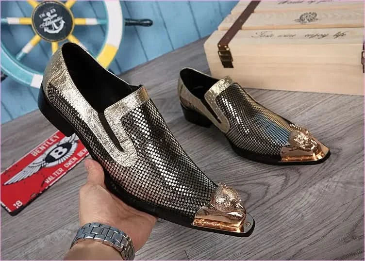 Metallic Gold and Silver Pointed Toe Leather Formal Shoes - Pleasures and Sins