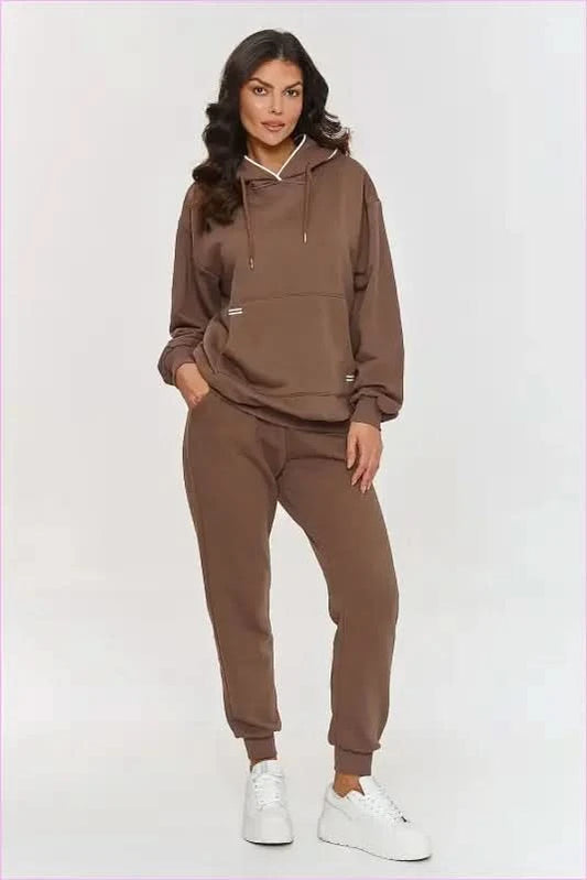 Minimalist Embroidered Hoodie and Pants Set Unique Character Fashion Style Makadamia brown one-size-fits-all