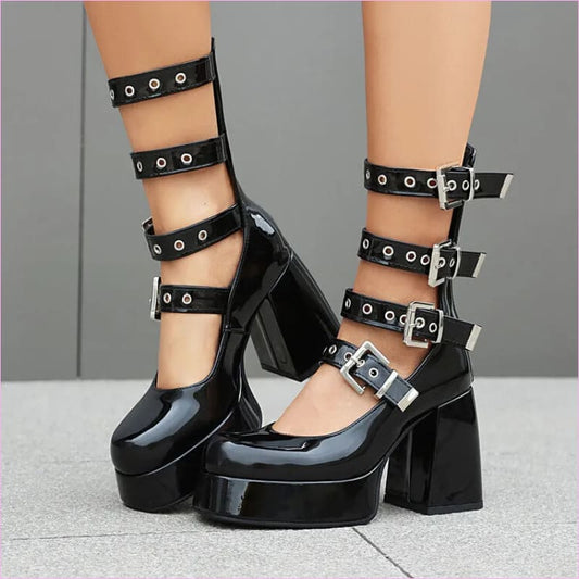 Multi Buckle Chunky High Heel Square Toe Shoes for Fashion