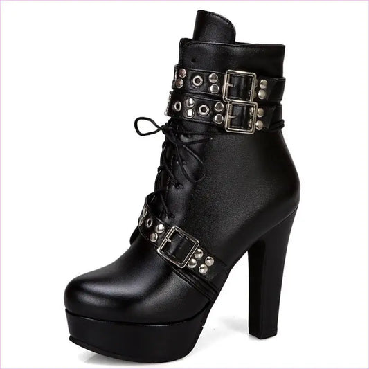 Black leather high-heeled ankle boot with buckled straps and laces.