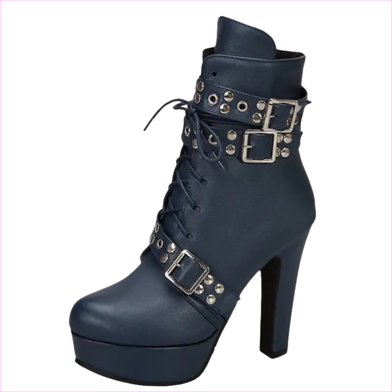 Navy blue high-heeled ankle boot with buckles, studs, and laces on a platform sole.
