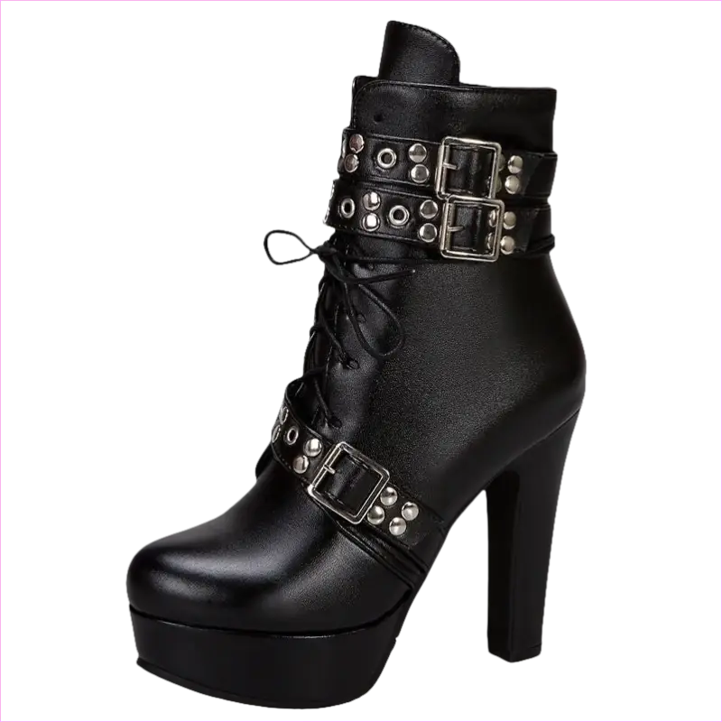 Black leather high-heeled ankle boot with buckled straps and laces.