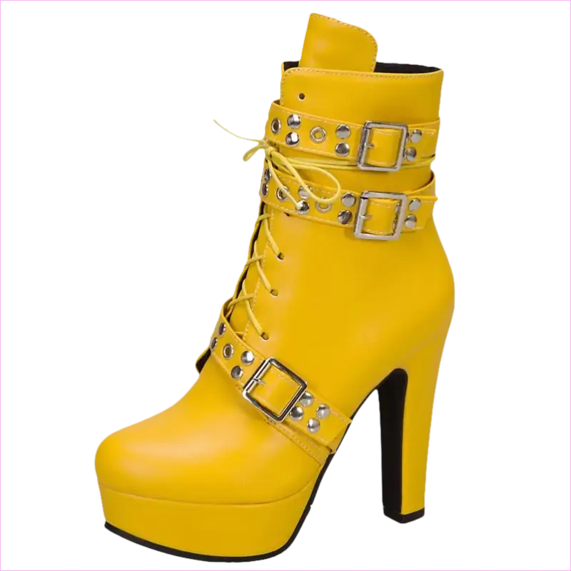 Bright yellow high-heeled ankle boot with buckles and laces.