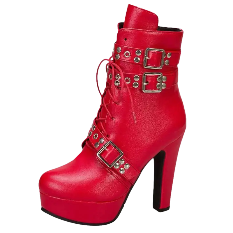 Red high-heeled ankle boot with buckles and laces on a platform sole.