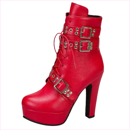 Red high-heeled ankle boot with buckles and laces on a platform sole.