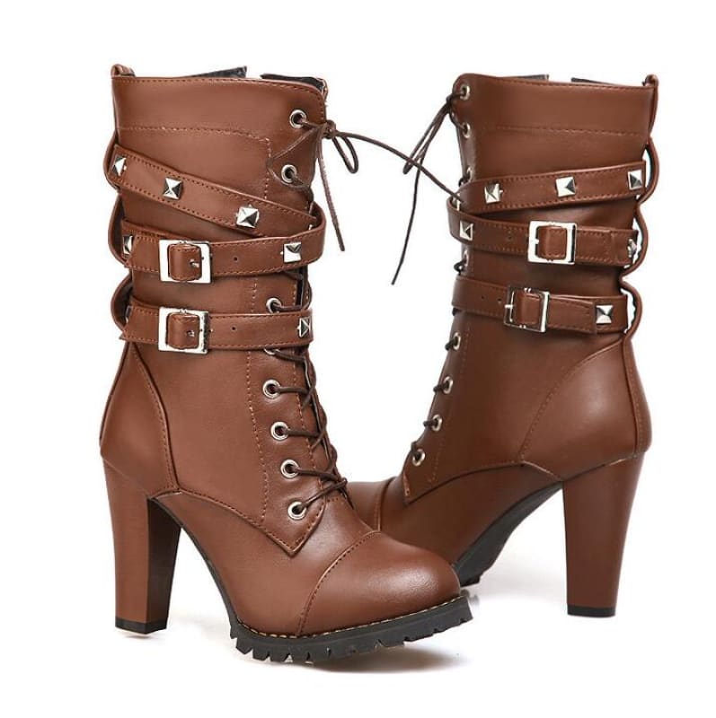 Pair of brown leather high-heeled combat boots with multiple buckles and laces.