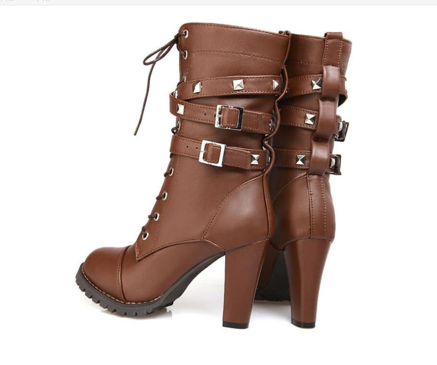 Brown leather high-heeled ankle boot with buckles and laces.