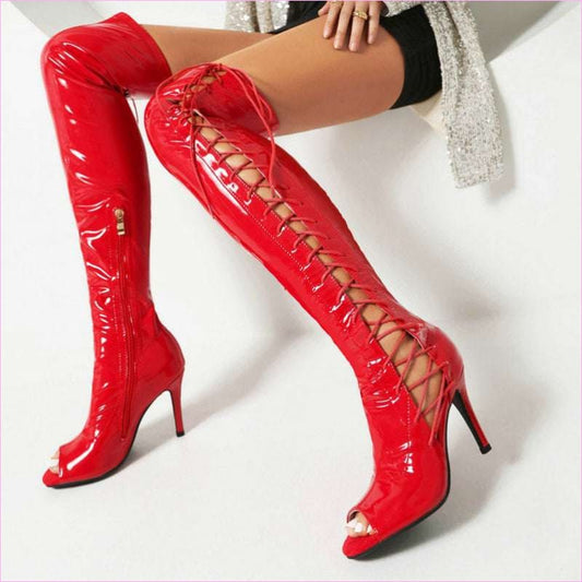 Patent Stretch Over-the-Knee Boots with 5cm Heel and Open