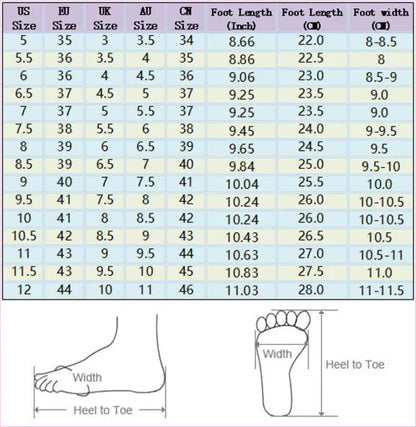 Shoe size conversion chart with foot measurements.