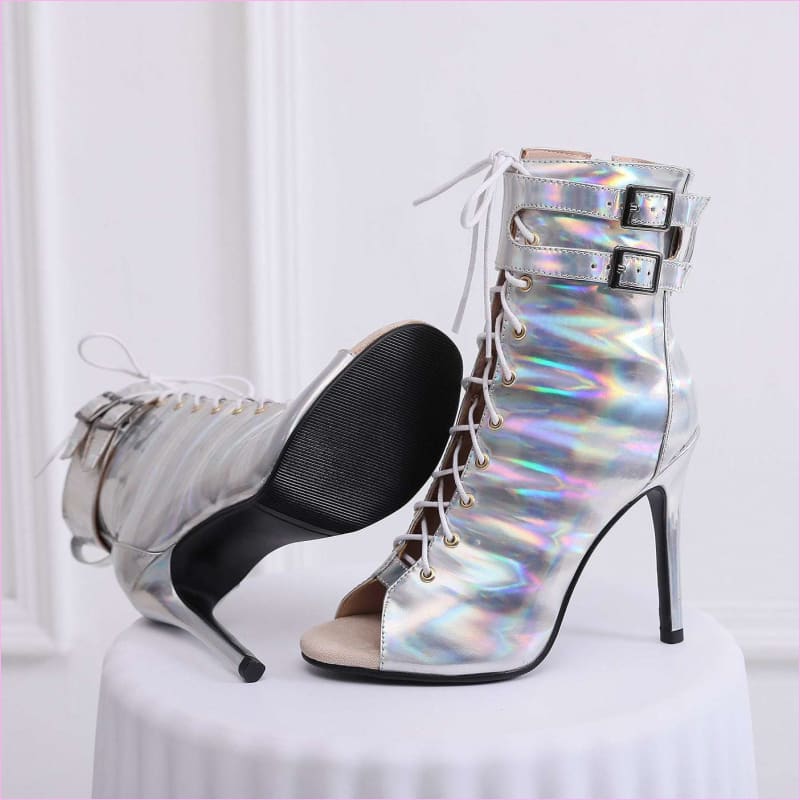 Pearlescent Multi Buckle Mesh High Heel Sandals for Fashion