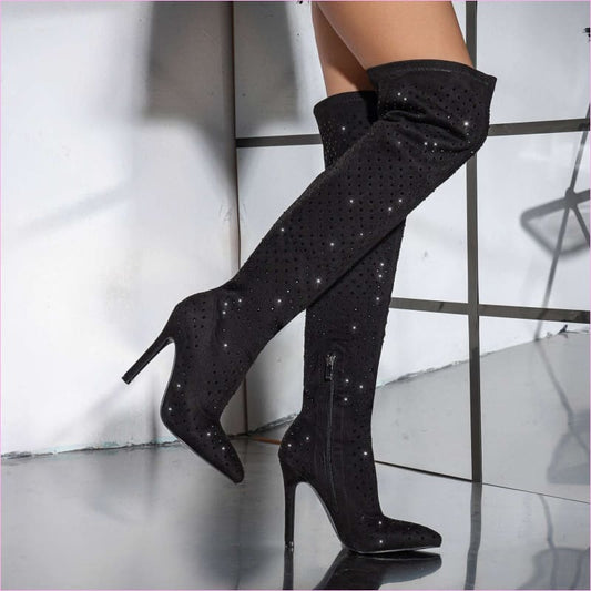 Pointed Toe Diamond Sequin Stiletto Boots for Fashion Glam