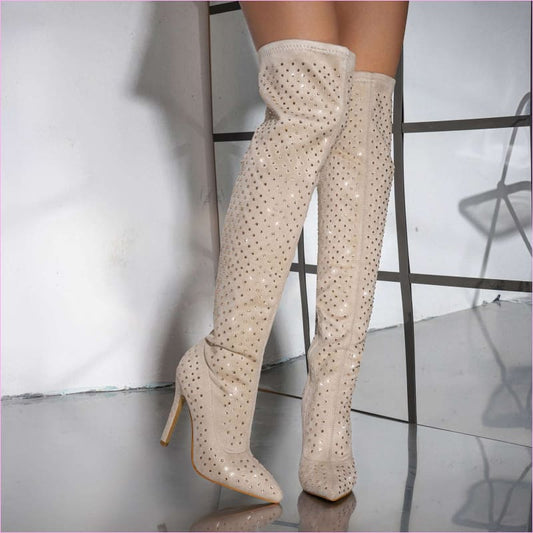 Pointed Toe Diamond Sequin Stiletto Boots for Fashion Glam