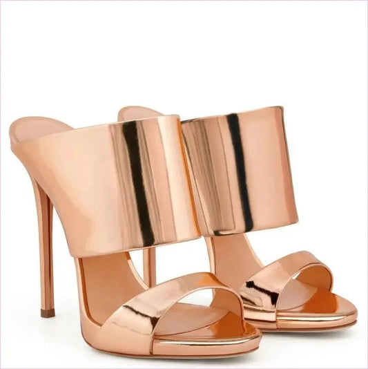 Rose Gold Shiny High Heeled Luxury Open Toe Sandals - Pleasures and Sins