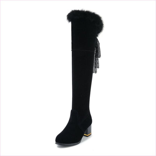 Round Toe Chunky High Heel Fur Lined Boots for Winter Style