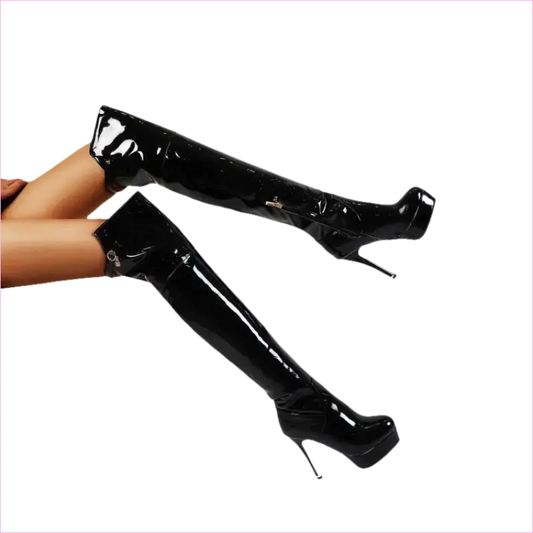 Pair of shiny black thigh-high stiletto boots with very high heels.