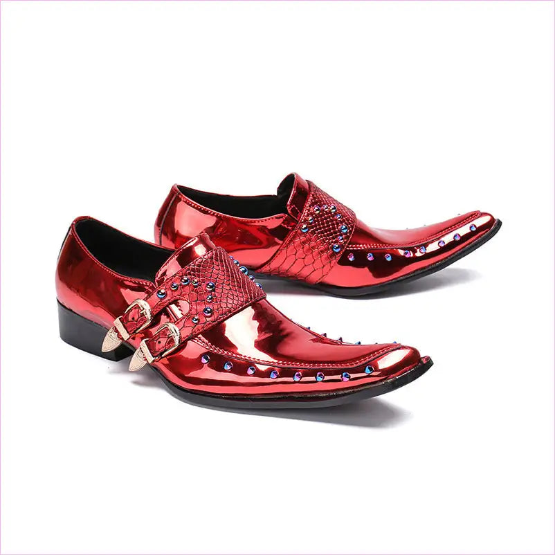 Leather Men’s Pointed Patent Embossed Wine Red Shoes Red
