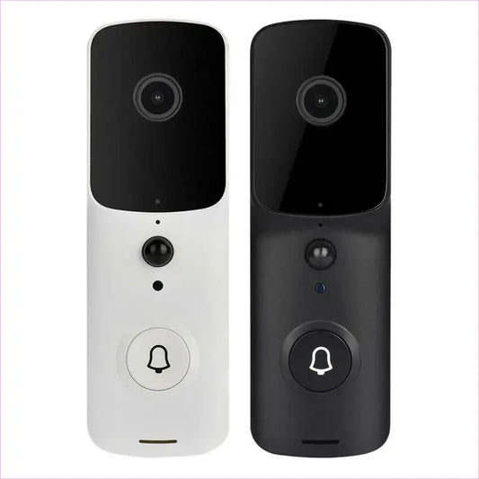 Smart video doorbells in white and black color options.