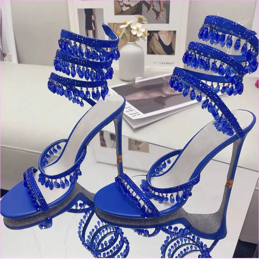 Snake Wrapped Rhinestone Tassel Open Toe Sandals
