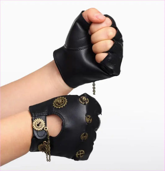 Steampunk Gloves Industrial Gear Chain Detail Black