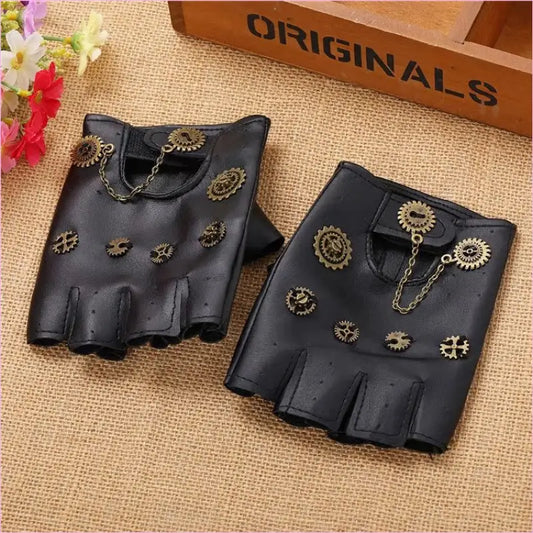 Steampunk Gloves Industrial Gear Chain Detail Black