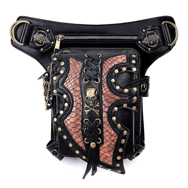 Gothic-style leather waist bag with pink snakeskin accents, metal studs, and a skull emblem.