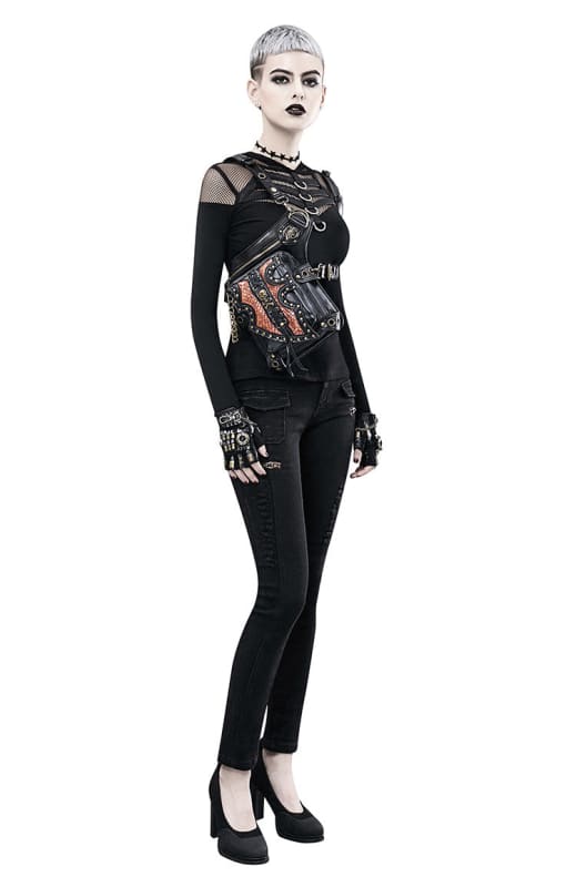 Gothic-styled woman in a black outfit with silver hair and dramatic makeup.