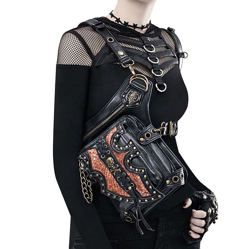 Gothic-style leather holster bag with metal hardware and decorative elements worn across the torso.