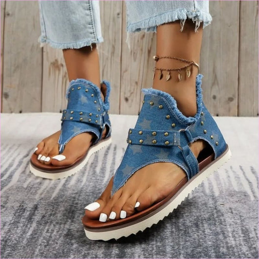 Studded Raw Hem Denim Sandals with Flat Open Toe Fashion