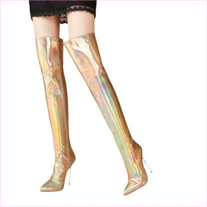 Shiny gold holographic thigh-high stiletto boots.