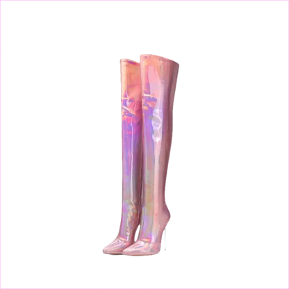Shiny pink holographic thigh-high stiletto boots.
