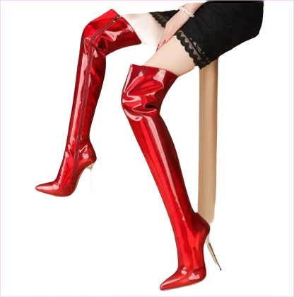 Shiny red thigh-high stiletto boots with pointed toes.