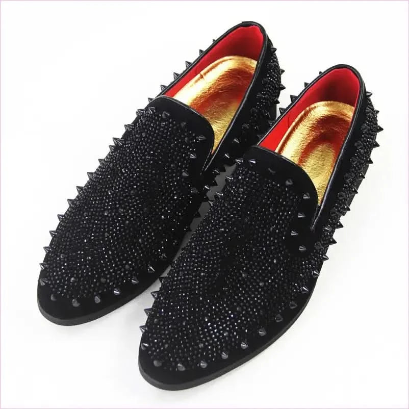 Stylish Black Studded Loafers with Gold Lining for Men - Pleasures and Sins