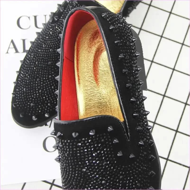 Stylish Black Studded Loafers with Gold Lining for Men - Pleasures and Sins