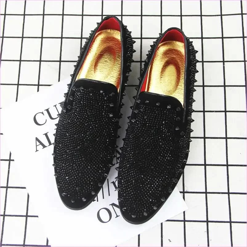 Stylish Black Studded Loafers with Gold Lining for Men - Pleasures and Sins